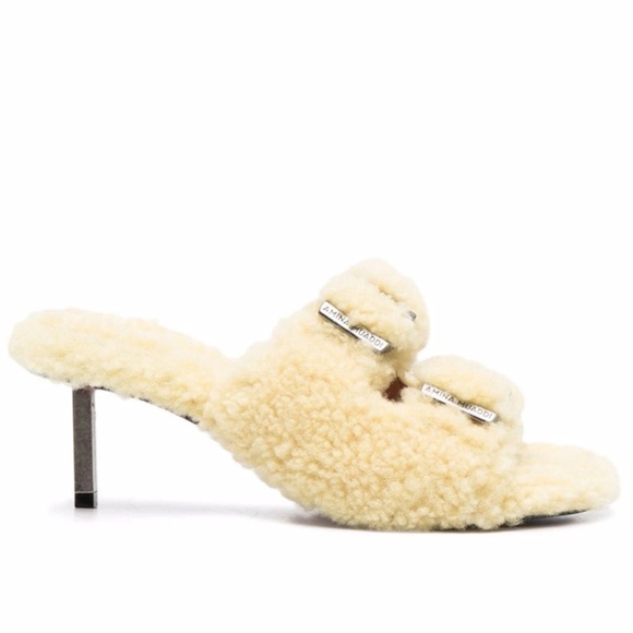 AMINA MUADDI Millie Shearling Slippers Heels In Mellow Yellow | Size 38 US 7 - Picture 1 of 8